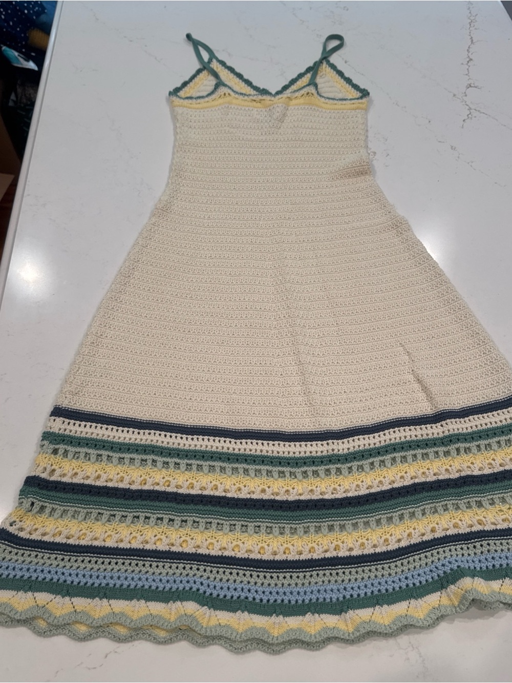 Universal Thread Cream Crochet Sundress with Green, Yellow and Navy Stripes - Picture 3 of 4